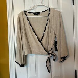 Lulu's Beige Wrap Blouse with Black Accents